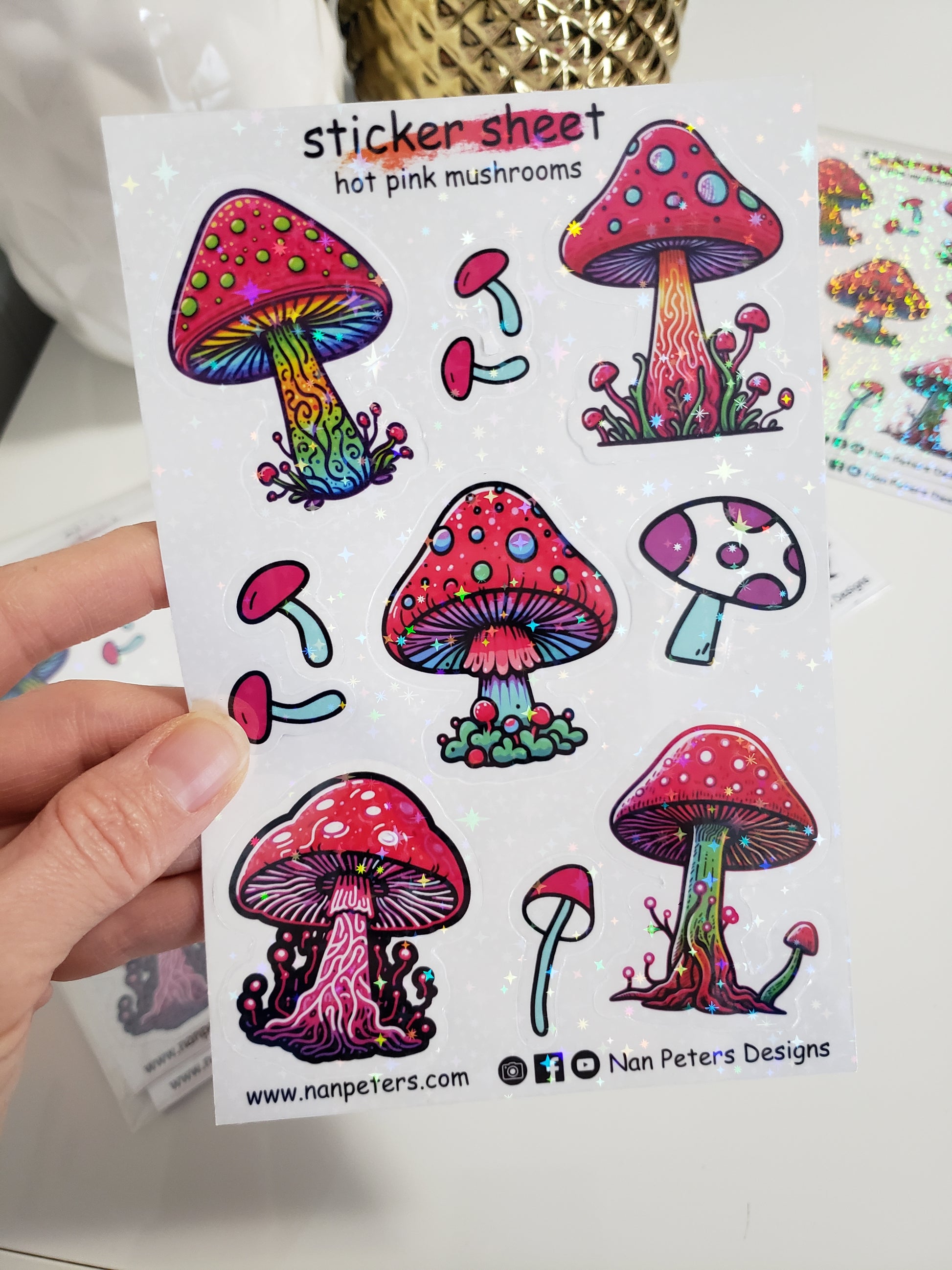 Hot pink sparkly star mushroom sticker sheet set. 5 bright and colourful mushroom stickers, with a lot of details on the mushrooms. 4 small simple little mushroom stickers to surround the bigger stickers. These are B grade stickers that were not cut with the same depth during the machine cutting process. Will require patients when removing stickers from the sticker backer paper. Still very beautiful usable stickers.