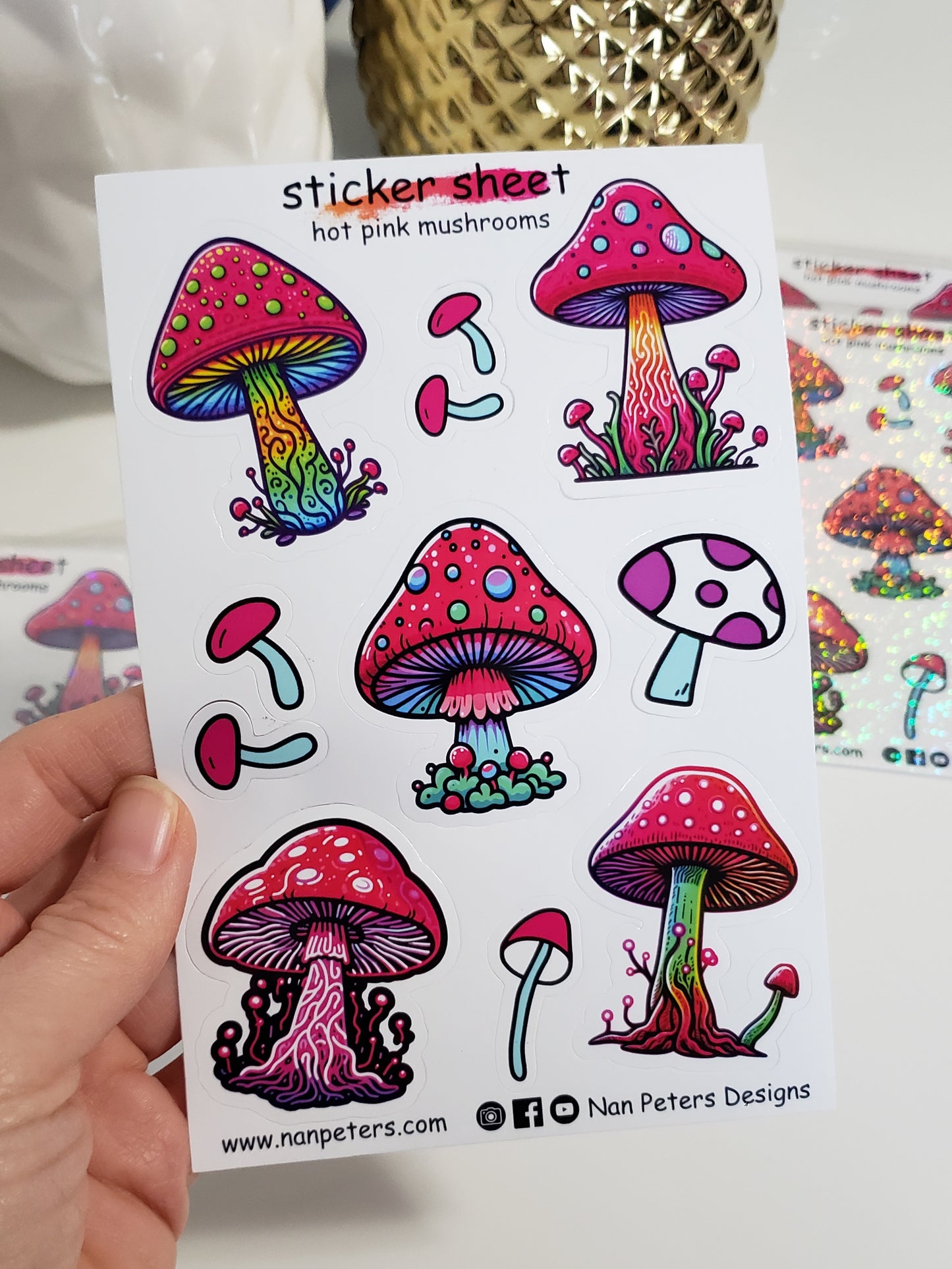 Hot pink mushroom sticker sheet set. 5 bright and colourful mushroom stickers, with a lot of details on the mushrooms. 4 small simple little mushroom stickers to surround the bigger stickers. These are B grade stickers that were not cut with the same depth during the machine cutting process. Will require patients when removing stickers from the sticker backer paper. Still very beautiful usable stickers.