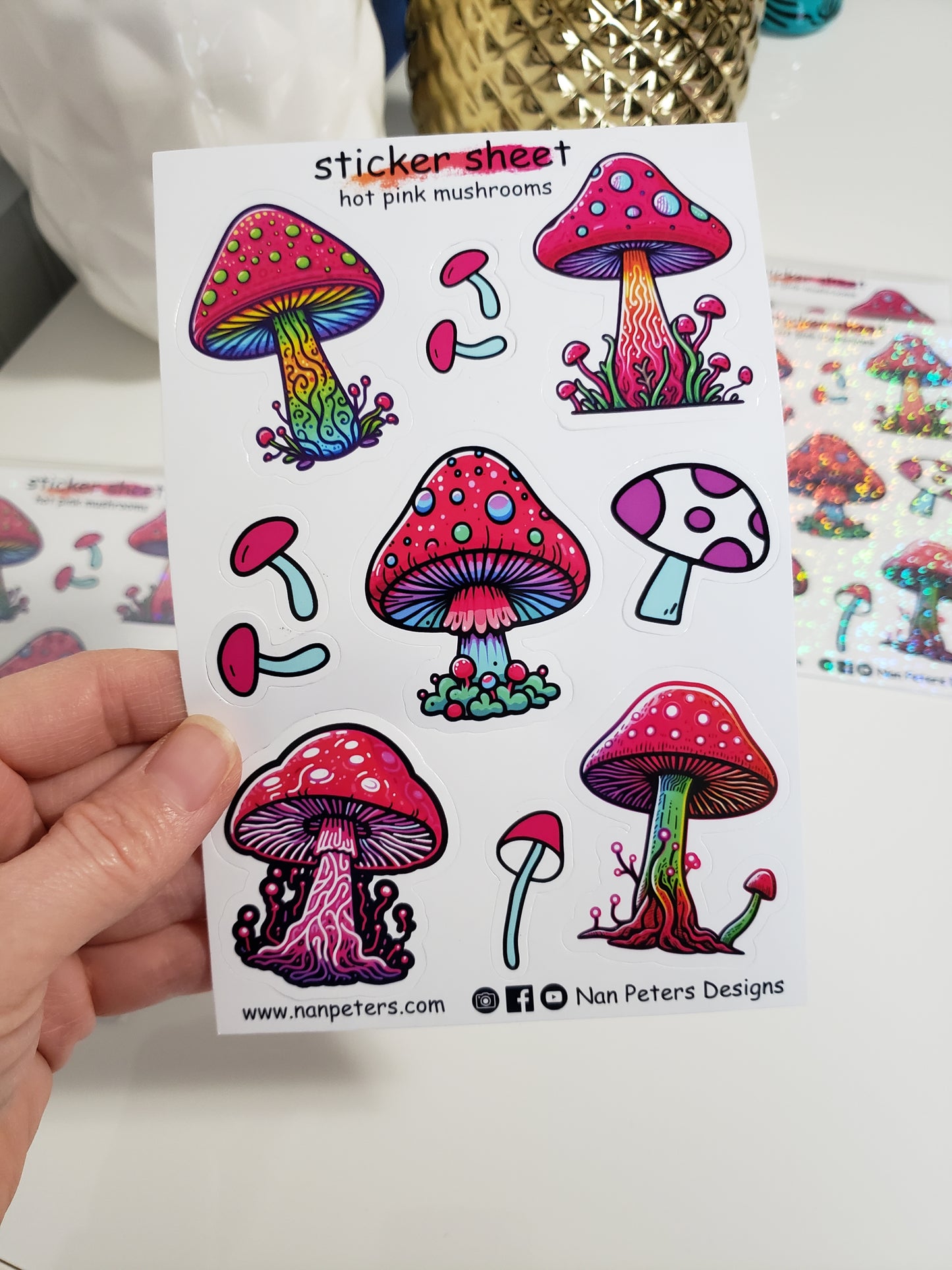 Hot pink mushroom sticker sheet set. 5 bright and colourful mushroom stickers, with a lot of details on the mushrooms. 4 small simple little mushroom stickers to surround the bigger stickers. These are B grade stickers that were not cut with the same depth during the machine cutting process. Will require patients when removing stickers from the sticker backer paper. Still very beautiful usable stickers.