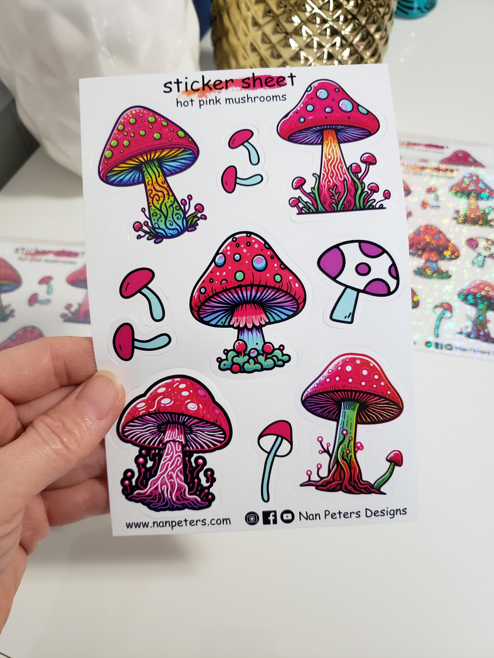Hot pink mushroom sticker sheet set. 5 bright and colourful mushroom stickers, with a lot of details on the mushrooms. 4 small simple little mushroom stickers to surround the bigger stickers. These are B grade stickers that were not cut with the same depth during the machine cutting process. Will require patients when removing stickers from the sticker backer paper. Still very beautiful usable stickers.